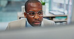 Thinking, research and business with black man in office for planning, online and website designer. Idea, review and brainstorming with employee reading on computer for email, solution and report
