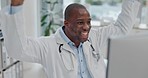 Doctor man, computer and celebration in office for results, project or success in medical research. African medic, pc and winner with goals in career for promotion, motivation or announcement at desk