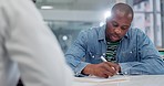 Black man, patient and writing in life insurance, consultation or signature on documents at hospital. African male person signing paperwork with doctor at clinic for contract, form or application