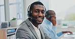 Customer service communication, face and black man happy for telemarketing, networking or call center. Portrait, contact us and African person, male consultant or business agent for technical support