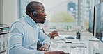 Call center consultation, computer video call and black man explain loan service, help desk or technical support solution or webinar. Telecom, customer care and male insurance agent on online meeting
