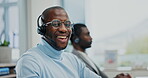 Call center office, face and black man happy for telemarketing outsourcing, networking or customer care. Telecom consultant, contact us or African person smile for ecommerce, help desk or web service