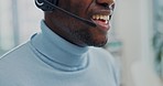 Call center, smile and black man in office consulting for customer service, crm or contact us. Happy, advice and male telemarketing consultant with online friendly, service or b2b virtual assistance