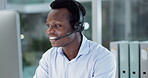 Happy black man, call center and consulting n customer service, telemarketing or support at office. African businessman or consultant agent talking on headphones in online advice or help at workplace