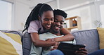 Tablet, hug or black couple online shopping on social media for ecommerce on internet connection at home. Love, search or African woman talking to a happy man reading news on blog to relax on sofa