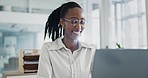African business woman, typing and laptop with smile, meme or social media in office at copywriting startup. Entrepreneur, computer and happy for email, thinking and report with communication on web