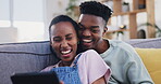 Tablet, black couple and funny on sofa in home living room, bonding and talking. African man, woman and technology, laugh and happy streaming comedy movie, video or film, social media or meme joke