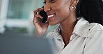 Phone call, contact and business woman closeup in office with negotiation and conversation. African male professional, connection and face at consultant job company with digital discussion on mobile