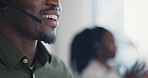 Black man, mouth and consulting in call center, customer service or telemarketing at the office. Closeup of African male person or consultant agent talking on headphones in online advice at workplace