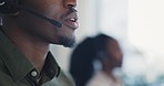 Black man, mouth and consulting on mic in call center, customer service or telemarketing at office. Closeup of African male person or consultant agent with headphones in online advice at workplace