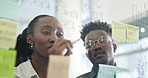 Business people, writing and schedule in team planning, strategy or meeting on glass board at the office. African businessman and woman with sticky note, project plan or brainstorming at workplace