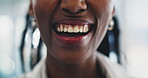 African woman, smile and portrait of mouth and funny employee laughing at joke, humor or comedy in workplace. Person, happiness and closeup on face with lips and teeth of happy worker in office