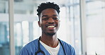 Doctor face, man and happy for healthcare service, hospital or clinic with smile and professional mindset. Young nurse, african student or medical worker in portrait for internship opportunity or ADN