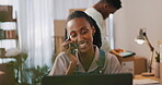 Woman, phone call and logistics, startup communication and small business management on laptop for courier. African people, seller or supplier answer and talking on mobile and computer for e commerce