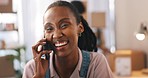 Phone call, happy and young woman moving to her new apartment, property or home with boxes. Technology, communication and African female person on a mobile conversation with cellphone at her house.