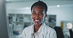 Face, happy and black woman scientist in laboratory proud of medicine, research or healthcare help. Medical, portrait and science expert in a lab online for cancer, breakthrough or cure development