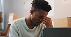 Fail, stress and black man on laptop in home, tired and small business challenge. Burnout, fatigue and African person in financial crisis for tax, audit and anxiety for debt, depression and mistake