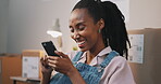 Phone, funny and black woman scroll in home, small business and social media meme. Smartphone, laughing and happy African person on internet, reading and comedy email for joke on mobile app online