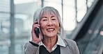 Business, phone call or Asian woman with connection, conversation or communication. Japanese person, employee or consultant with a smartphone, professional or discussion for information in an airport