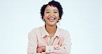 Arms crossed, happy and funny with face of woman in studio for comedy, joke or carefree. Smile, cheerful and pride with portrait of person laughing on white background for crazy, positive and humor