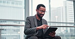 Search, tablet and business with black man at hotel for networking, conference and planning. Digital, schedule and technology with employee and online report for data, internet and connection