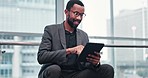 Corporate, tablet and black man in a city, typing and network with connection, search internet and communication. Person, happy employee and entrepreneur outdoor, technology and mobile application