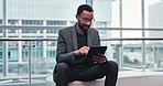 Business, tablet and black man in a city, typing and network with connection, smile for customer experience and communication. Person, employee and entrepreneur outdoor, technology and website info