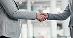 Business people, partnership and staff with handshake, greeting and collaboration with support. Zoom, teamwork and coworkers shaking hands, meeting and welcome with agreement, deal and job promotion