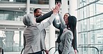 Business people, support and staff with high five achievement and partnership with teamwork. Coworkers, group and applause for b2b deal,  solidarity and collaboration with cooperation and celebration