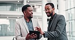 Company tablet, communication or happy black people teamwork on research data, online account management or collaboration. Conversation, cooperation or African team talking, planning or work together