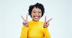 Face, excited and woman with peace sign, support and happiness on a white studio background. Portrait, happy person and model with v symbol, funny and feedback with review, emoji and mockup space