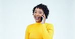 Phone call, funny and smile with face of woman in studio for communication, network and contact. Technology, connection and happy with person laughing on white background for mobile and conversation