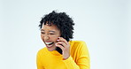 Phone call, funny and happy with face of woman in studio for communication, network and contact. Technology, connection and smile with person laughing on white background for mobile and conversation