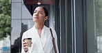 Walking, business and woman in a city, drinking coffee and professional with commute. Happy person, travel consultant and employee with tea, cappuccino and start day with espresso, career and outdoor