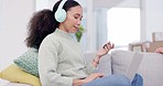 Woman, headphones and credit card on laptop and sofa for music streaming subscription, e learning or online education. African student on computer, listening to audio and home education or banking