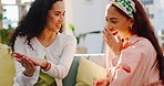 Wow, engagement ring and milestone with woman friends on a sofa in the living room of a home to share good news. Diamond, proposal and event with excited women talking about a surprise announcement