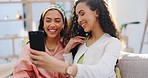 Happy woman, friends and laughing in selfie on living room sofa in photography, memory or social media at home. People smile in happiness or peace sign for photograph, picture or online vlog together