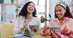 Lesbian couple on sofa together with breakfast, laughing and fun conversation with smile. Morning bonding, relax and happy lgbt women on couch in home living room, funny talking and eating food bowl.