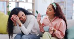 Support, friends and talking about a breakup on the sofa, crying and sad about love together. Help, care and women speaking on the home couch about a divorce, mental health or relationship stress
