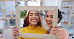 Women, selfie and face in a frame for moving, property or investment with friends together in home, new house or living room. People, portrait and smile for profile picture or happy memory in lounge
