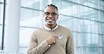 Smile, vote and a black man pointing to a badge in support of freedom, democracy or choice in politics. Portrait, face and proud of his choice, decision or selection of political party in an election