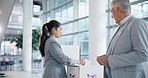 Woman, election ballot and poll in queue with politician giving pin for thanks, support and smile for choice. Senior man, political campaign and drive for voting, promotion and opinion for USA future