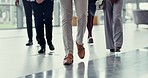 Walking, group and shoes of business people in office for meeting at work, career and job. Corporate, professional team and feet of men and women on floor for moving, on the go and collaboration