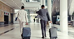 Airport luggage, business people or running late for travel journey, transportation mistake or plane departure time. Schedule disaster, check watch or back of corporate team rush to airplane boarding