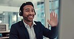 Businessman, call center and virtual meeting in customer service, support or telemarketing at the office. Happy asian man, consultant or agent wave in hello with headphones for online advice or help