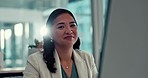 Business woman, face and typing on computer for online Human Resources and happy job in office. Employee, professional asian person or HR worker smile and planning on desktop with career mindset