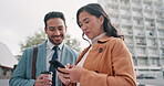 Phone, business people and talking outdoor for communication and chat in city. Professional man and woman on commute, adventure or journey on urban road with smartphone, travel app and coffee