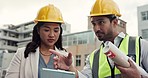 People, architect and tablet on rooftop in construction planning, strategy or ideas in city. Engineering man and woman or contractor team with technology in meeting, project or building plan on site