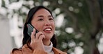 Business, phone call and Asian woman with communication, outdoor or connection with conversation. Person, consultant or employee with a smartphone, walking or talking with planning, smile and contact