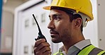 Man, construction worker and radio communication, maintenance and upgrade in control room with inspection. Technician, walkie talkie and engineering, contractor or electrician with quality assurance